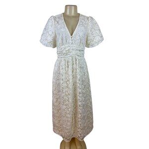 Balticborn Women’s Ivory Lace Floral Midi Dress V-Neck Puff Sleeves Sz M - New